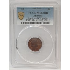 AUSTRALIA 1988 . TWO 2 CENTS COIN . ERROR . TWO 2 CENTS ON ONE CENT FLAN . PCGS GEM MS63